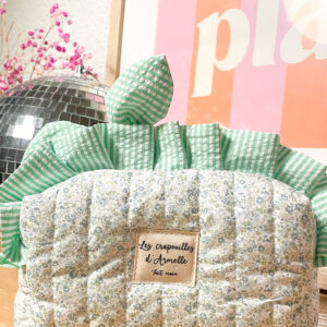 Trousse à maquillage matelassée à volant fleurie et vichy vert