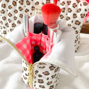 Trousse à pinceaux de maquillage Leopard et vichy rose fluo