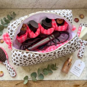 trousse leopard et vichy rose fluo pour appareil cheveux type dyson