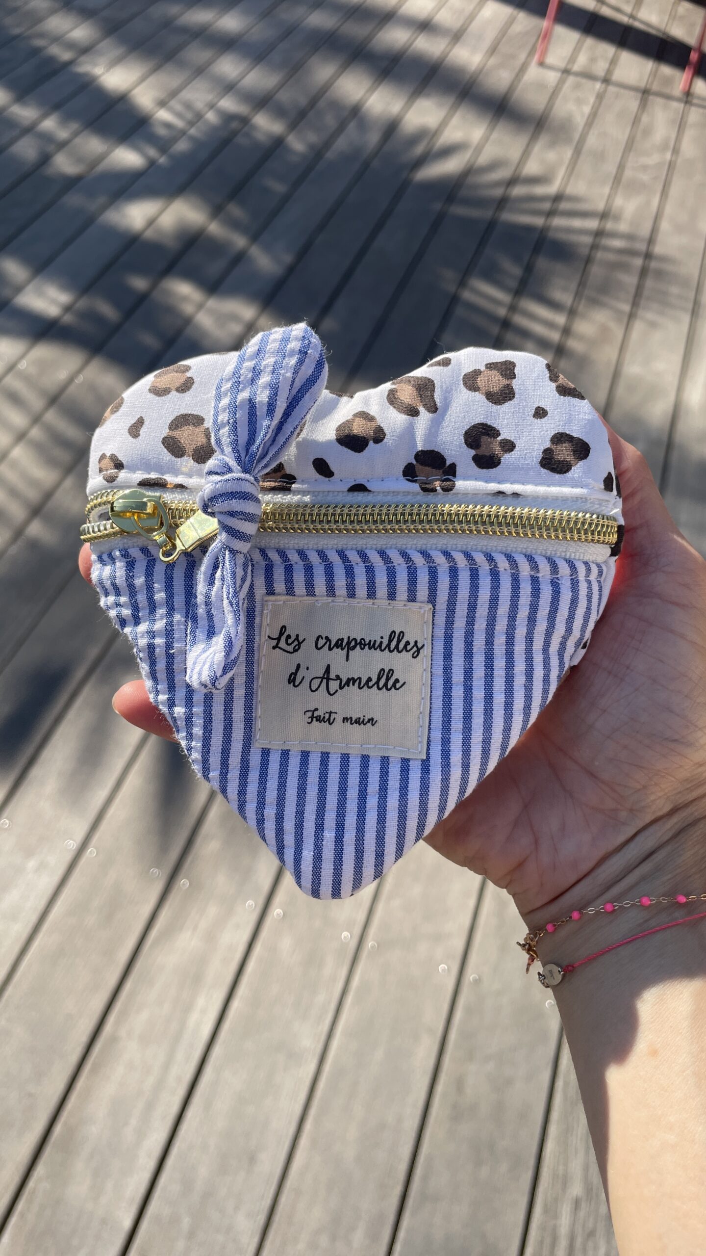 Porte-monnaie Cœur personnalisé "MERCI" – Édition Limitée Léopard & Rayé Bleu – Image 3