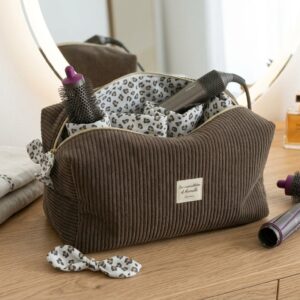 Grande Trousse de Rangement pour Sèche-Cheveux et Accessoires Velours marron et léopard- Fait Main en France