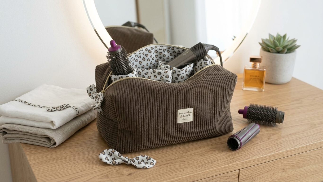 Grande Trousse de Rangement pour Sèche-Cheveux et Accessoires Velours marron et léopard- Fait Main en France