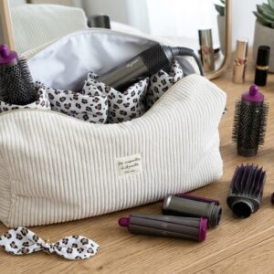 Grande Trousse de Rangement pour Sèche-Cheveux et Accessoires Velours beige et léopard- Fait Main en France