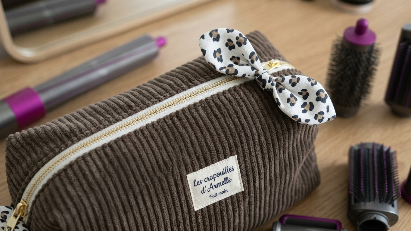 Grande Trousse de Rangement pour Sèche-Cheveux et Accessoires Velours marron et léopard- Fait Main en France – Image 4