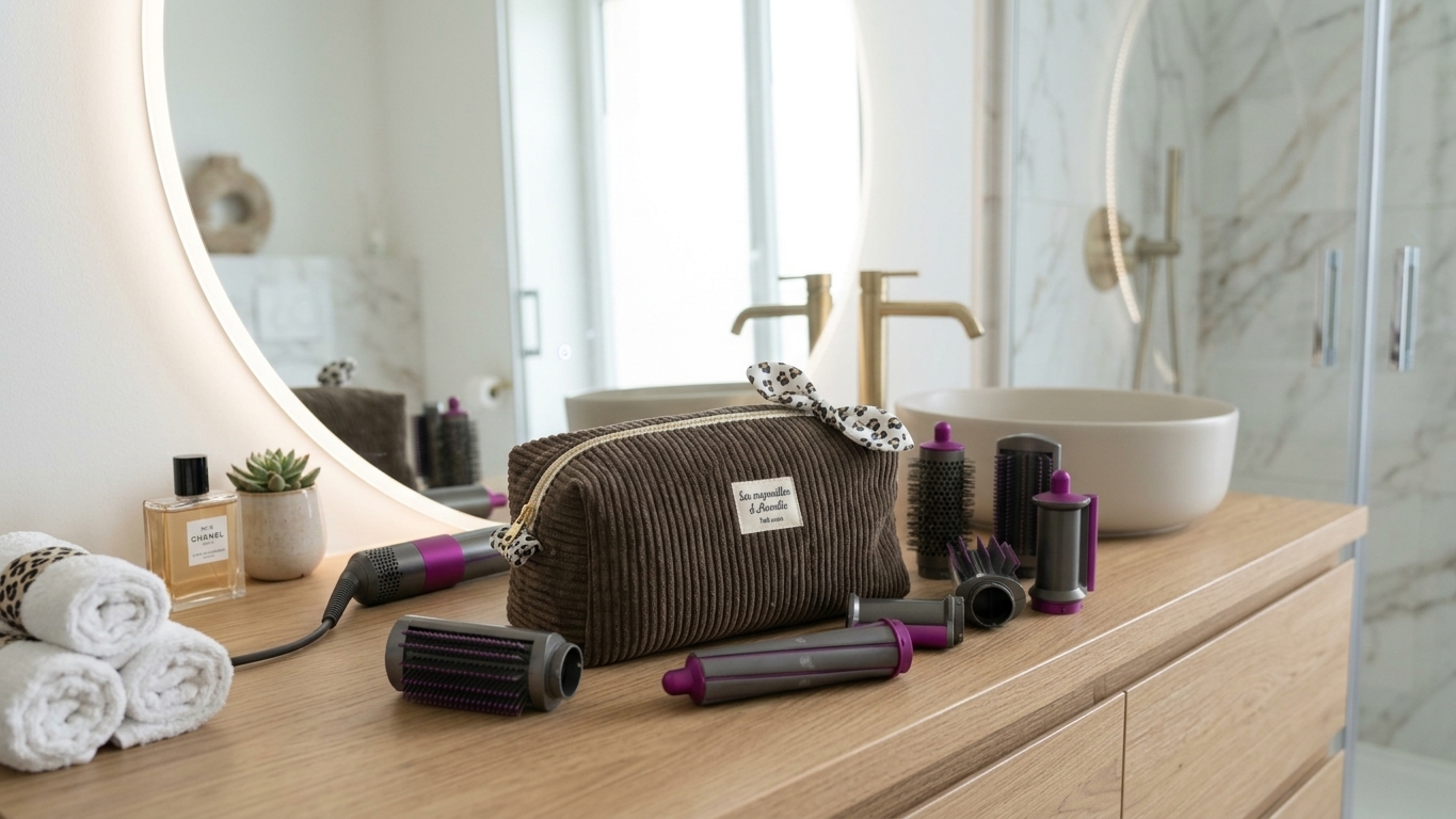 Grande Trousse de Rangement pour Sèche-Cheveux et Accessoires Velours marron et léopard- Fait Main en France – Image 3