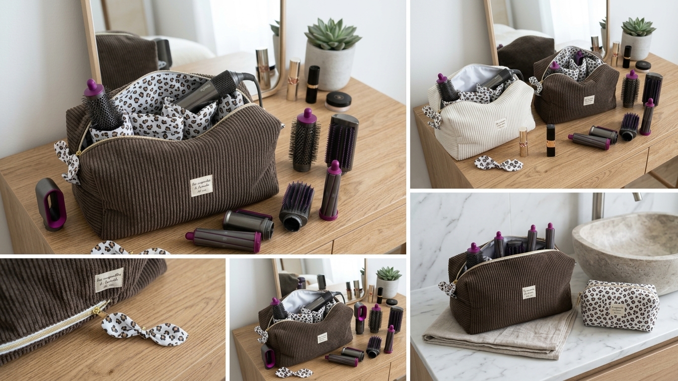 Grande Trousse de Rangement pour Sèche-Cheveux et Accessoires Velours marron et léopard- Fait Main en France – Image 2